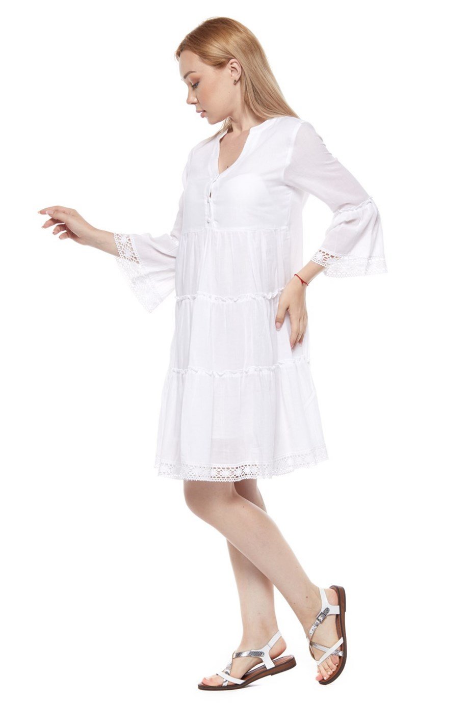 Kısa Kollu Beyaz Düğmeli Elbise