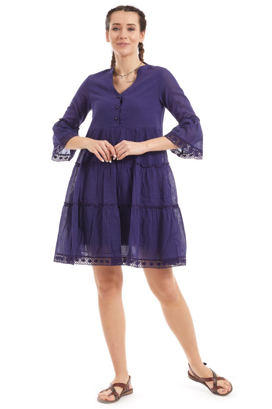 Kısa Kollu Mor Düğmeli Elbise