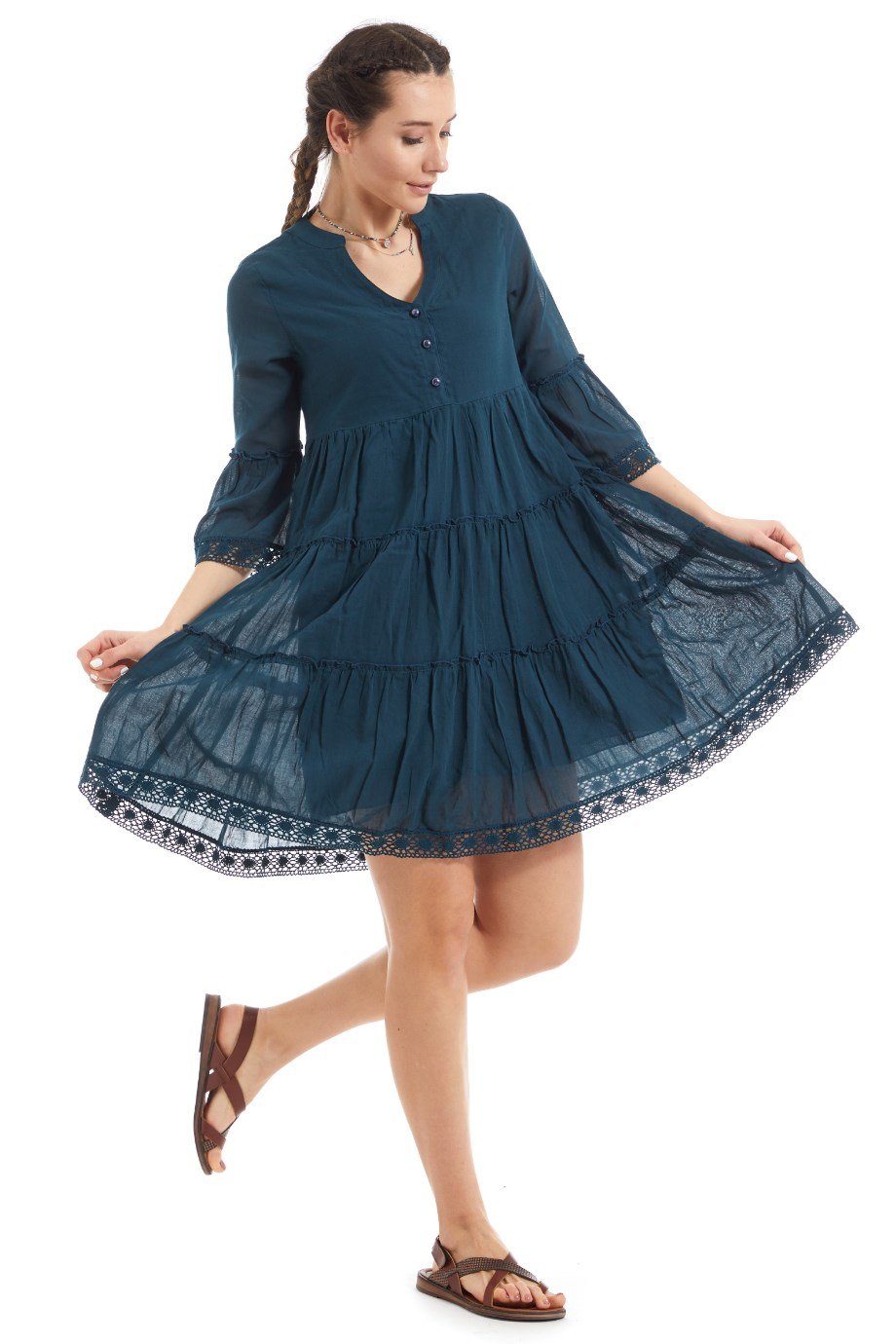 Kısa Kollu Petrol Düğmeli Elbise