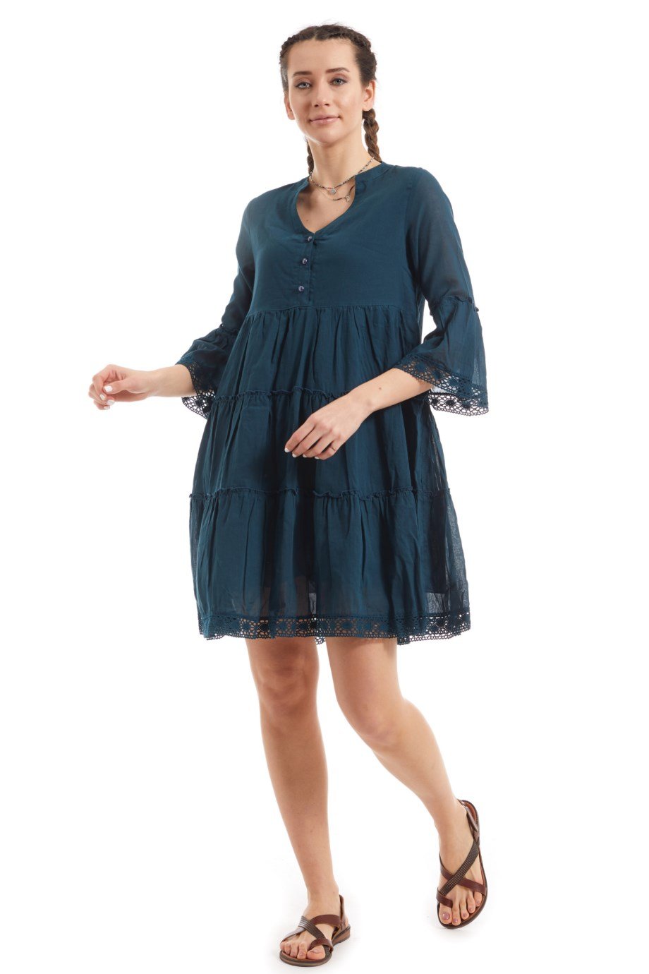 Kısa Kollu Petrol Düğmeli Elbise