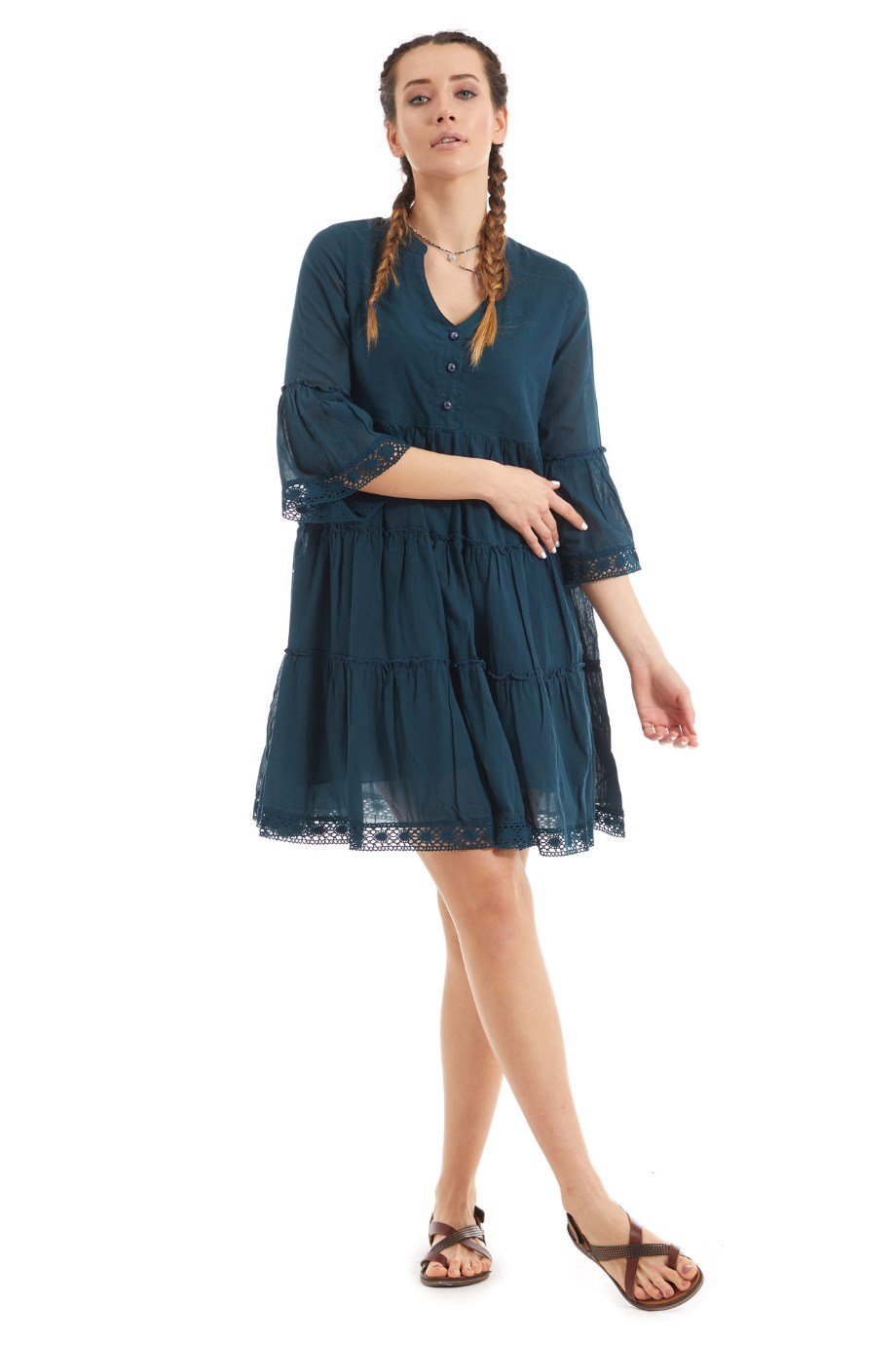 Kısa Kollu Petrol Düğmeli Elbise