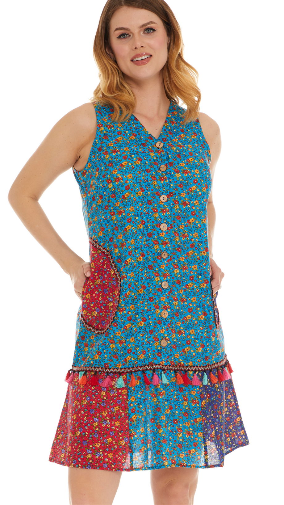 Kolsuz Turkuaz Vual Püskül Detaylı Kısa Elbise 