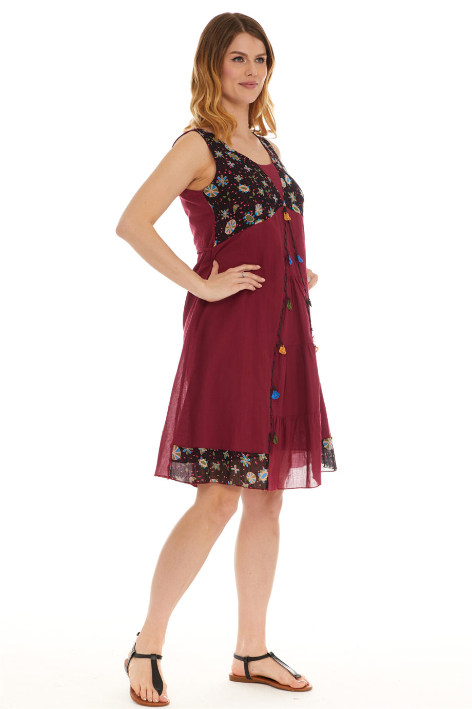 Kolsuz Vual Bordo Oyalı Midi Boy Elbise