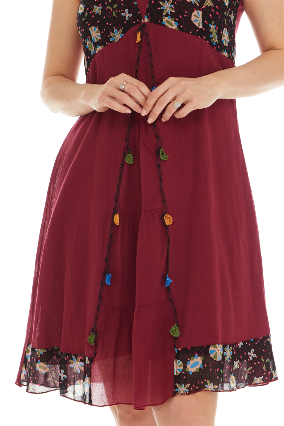 Kolsuz Vual Bordo Oyalı Midi Boy Elbise