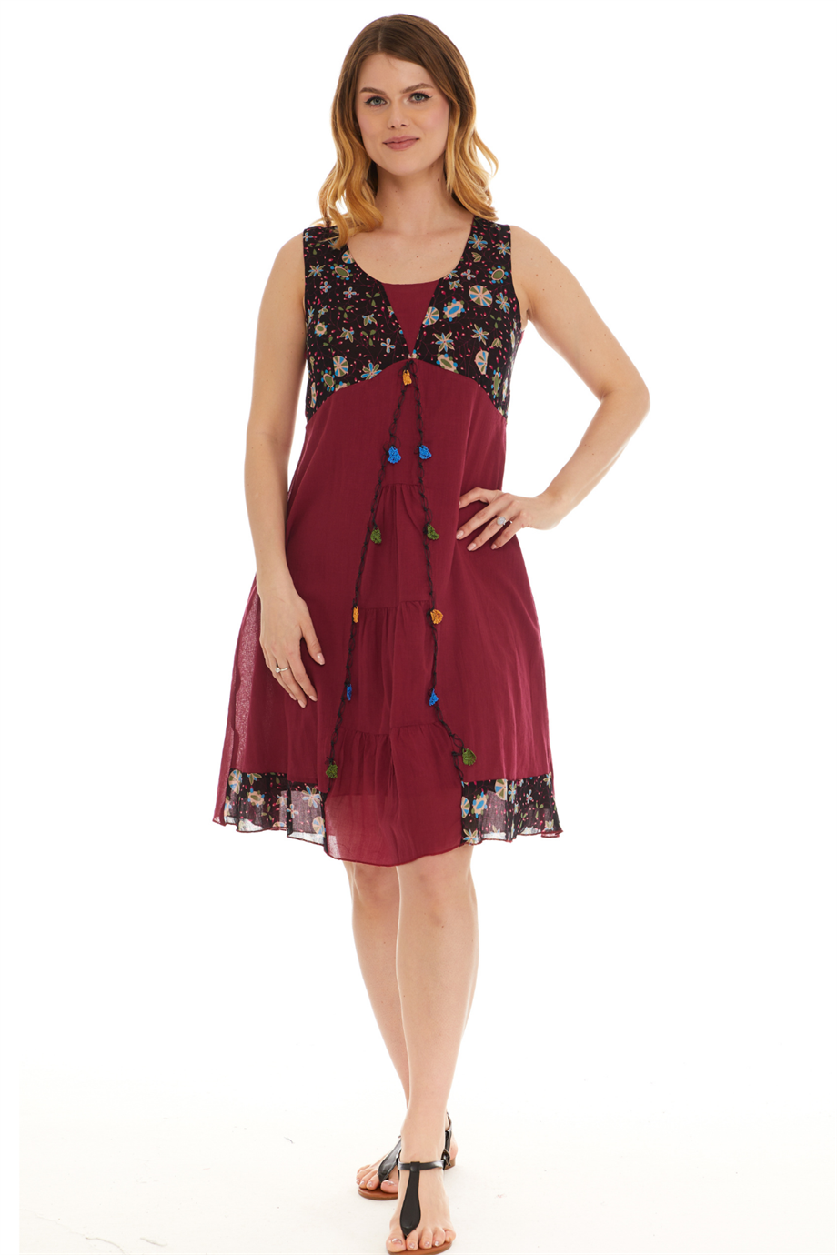 Kolsuz Vual Bordo Oyalı Midi Boy Elbise