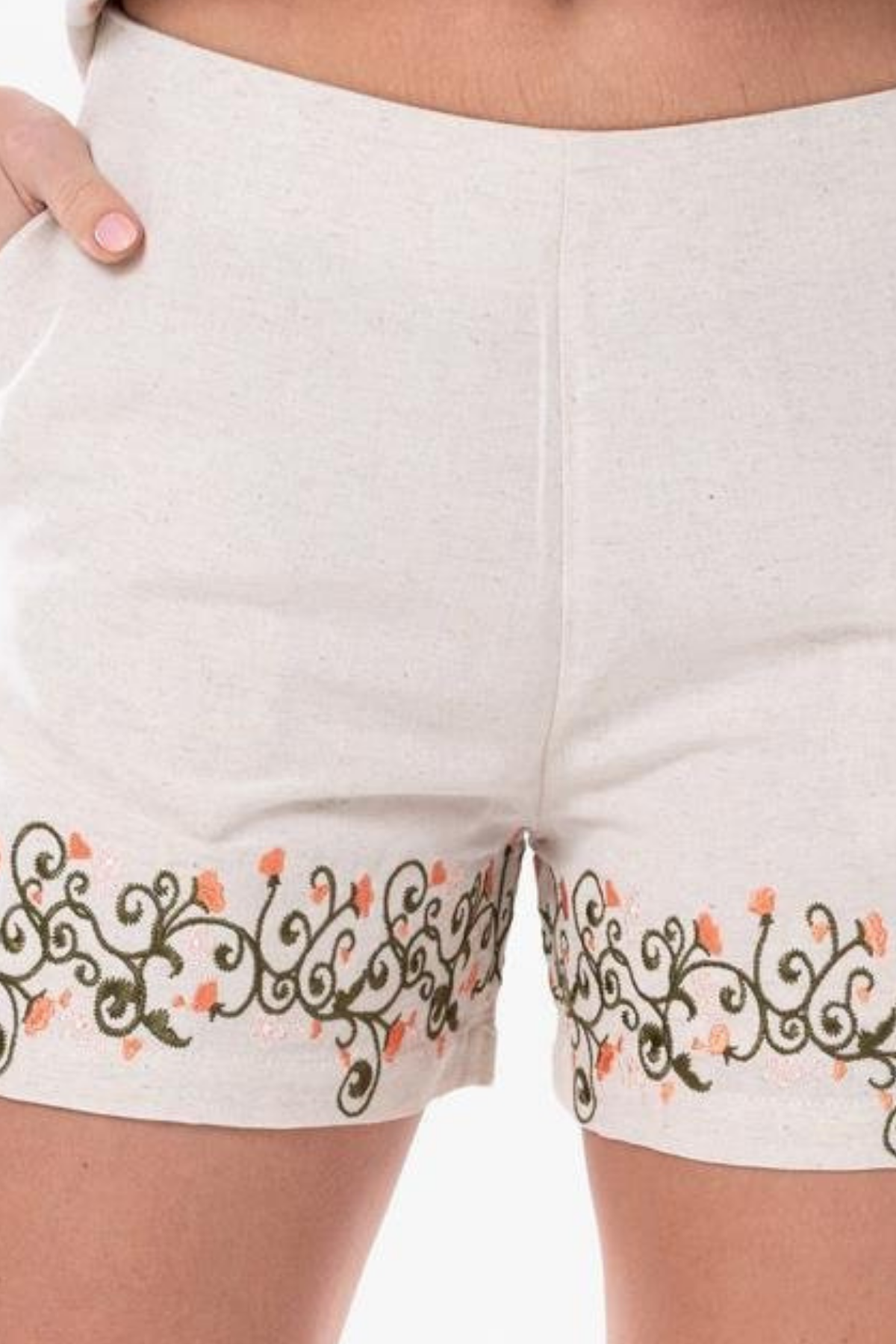 Krem Nakışlı Keten Yazlık Kısa Kadın Şort