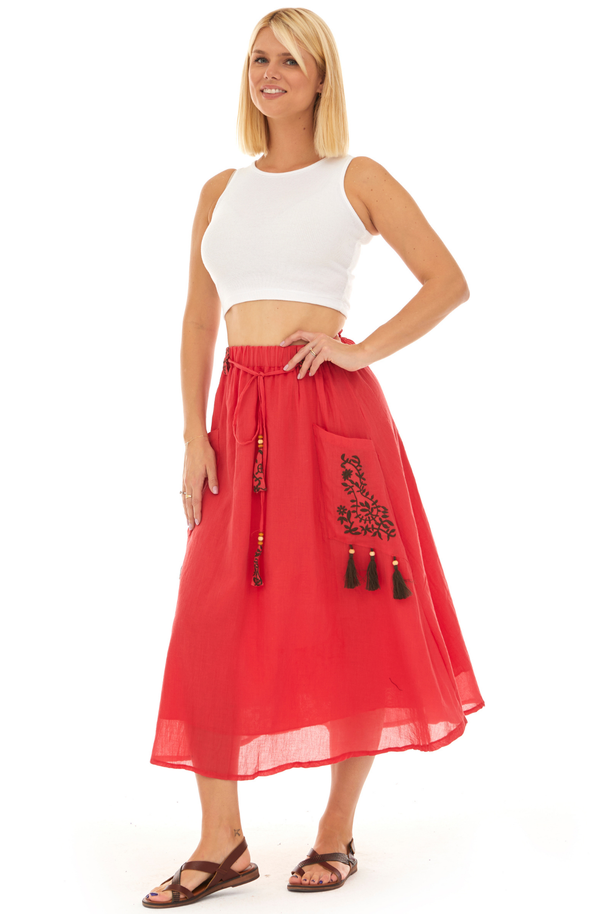 Mercan Vual Midi Boy Yazlık Etek