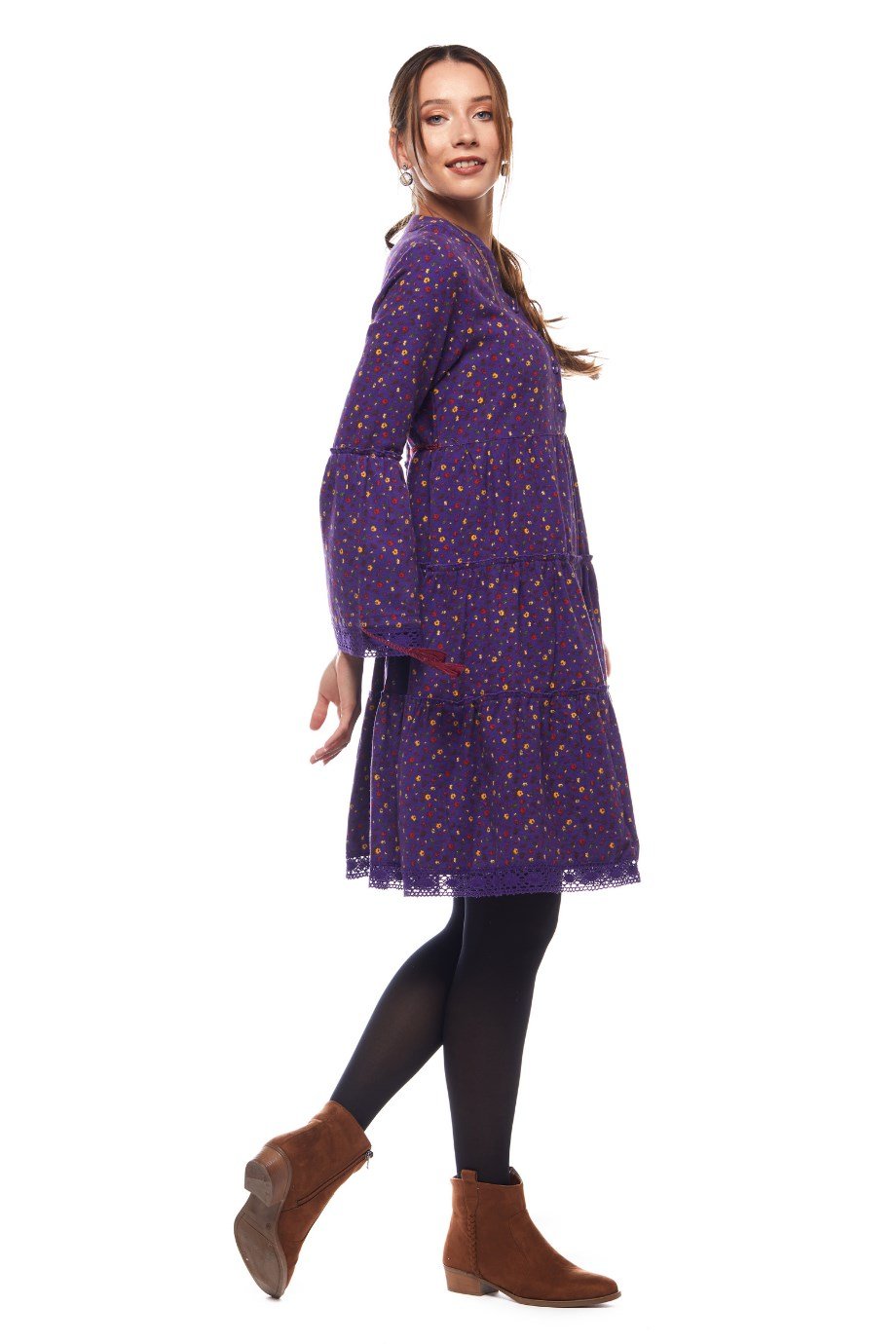 Mor Çıtır Desen Kısa Elbise