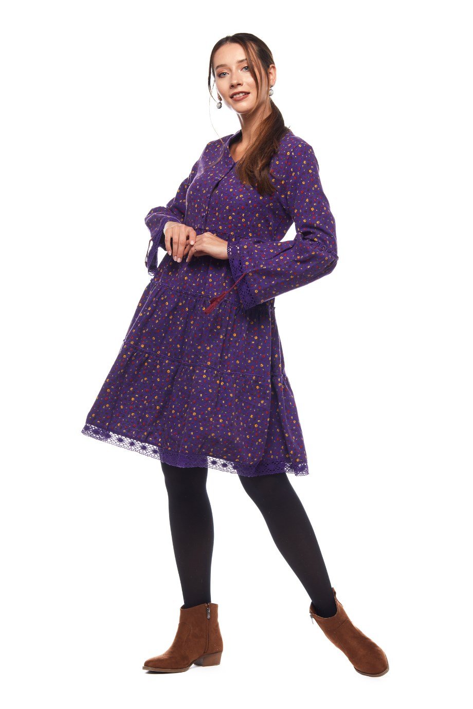 Mor Çıtır Desen Kısa Elbise