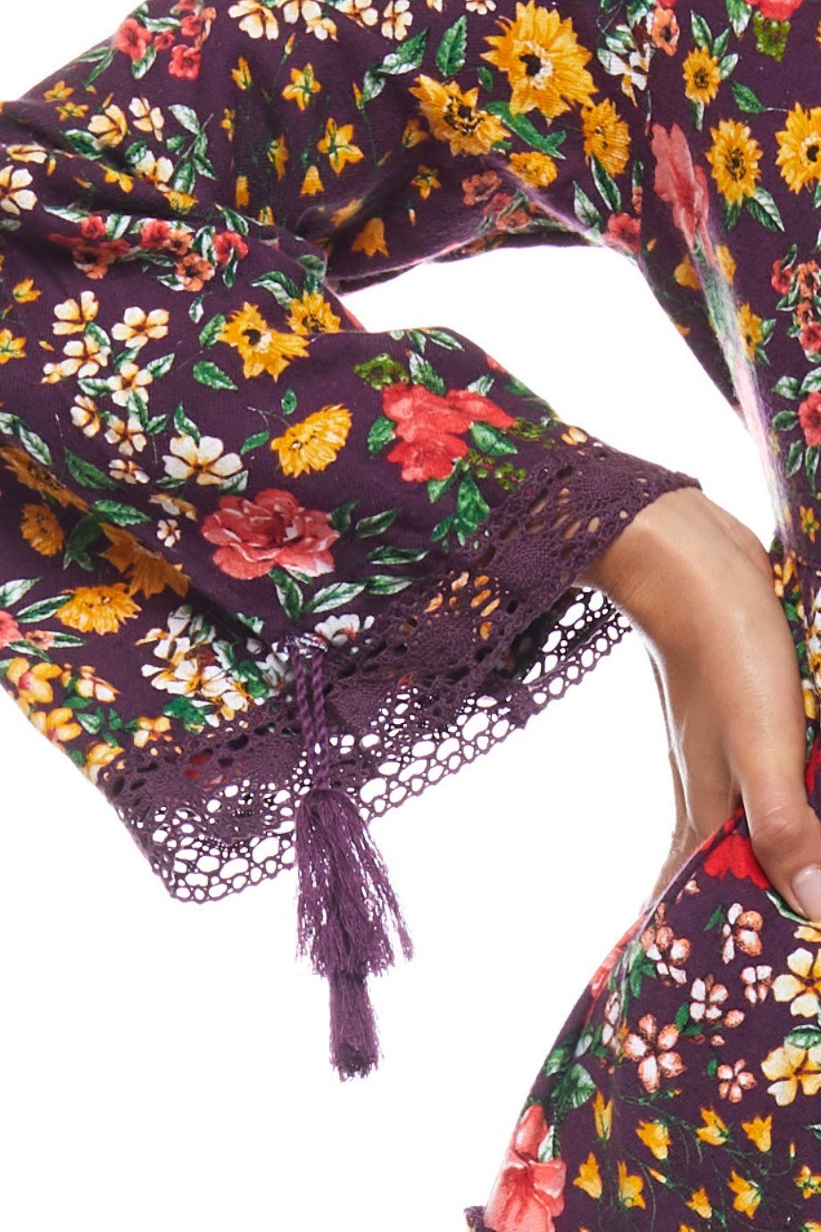 Mor Dantelli Bahar Desen Uzun Elbise