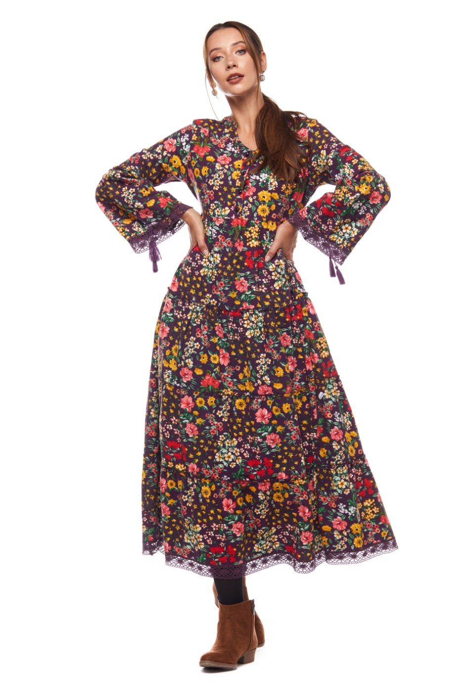 Mor Dantelli Bahar Desen Uzun Elbise