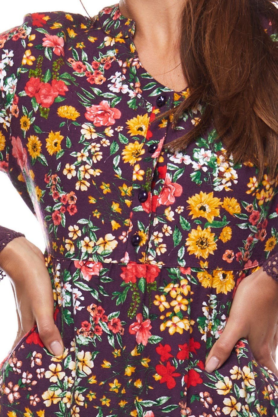 Mor Dantelli Bahar Desen Uzun Elbise