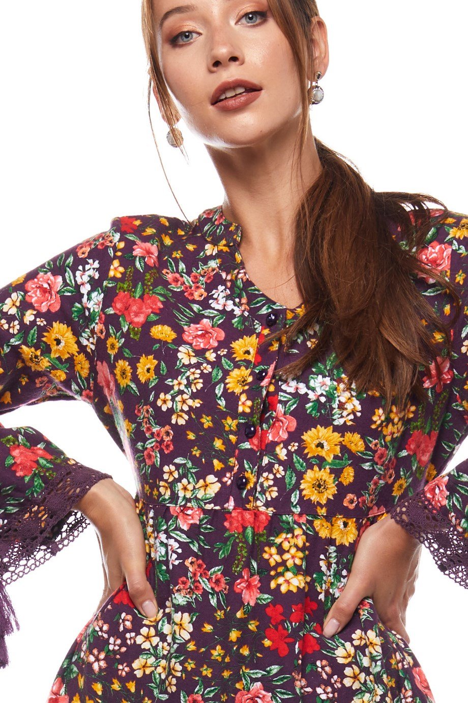 Mor Dantelli Bahar Desen Uzun Elbise