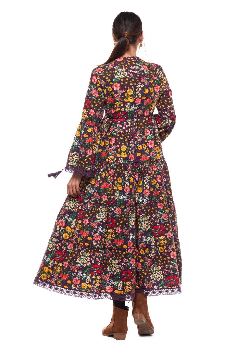 Mor Dantelli Bahar Desen Uzun Elbise