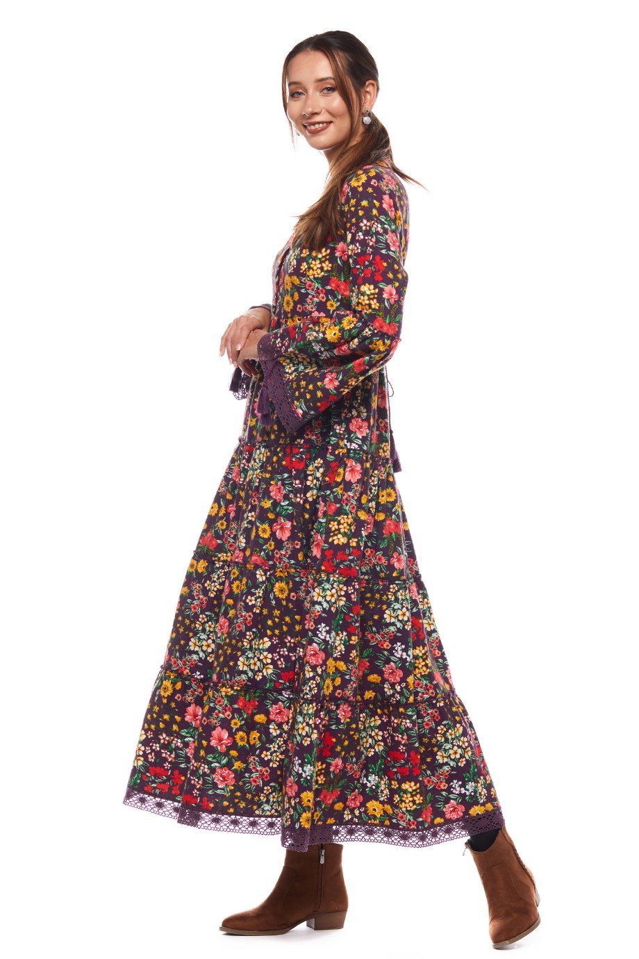 Mor Dantelli Bahar Desen Uzun Elbise