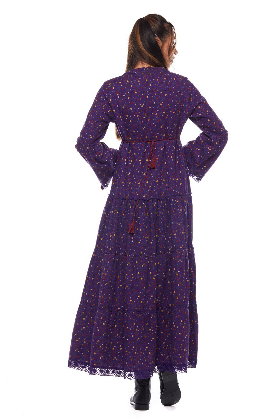 Mor Dantelli Çıtır Desen Uzun Elbise