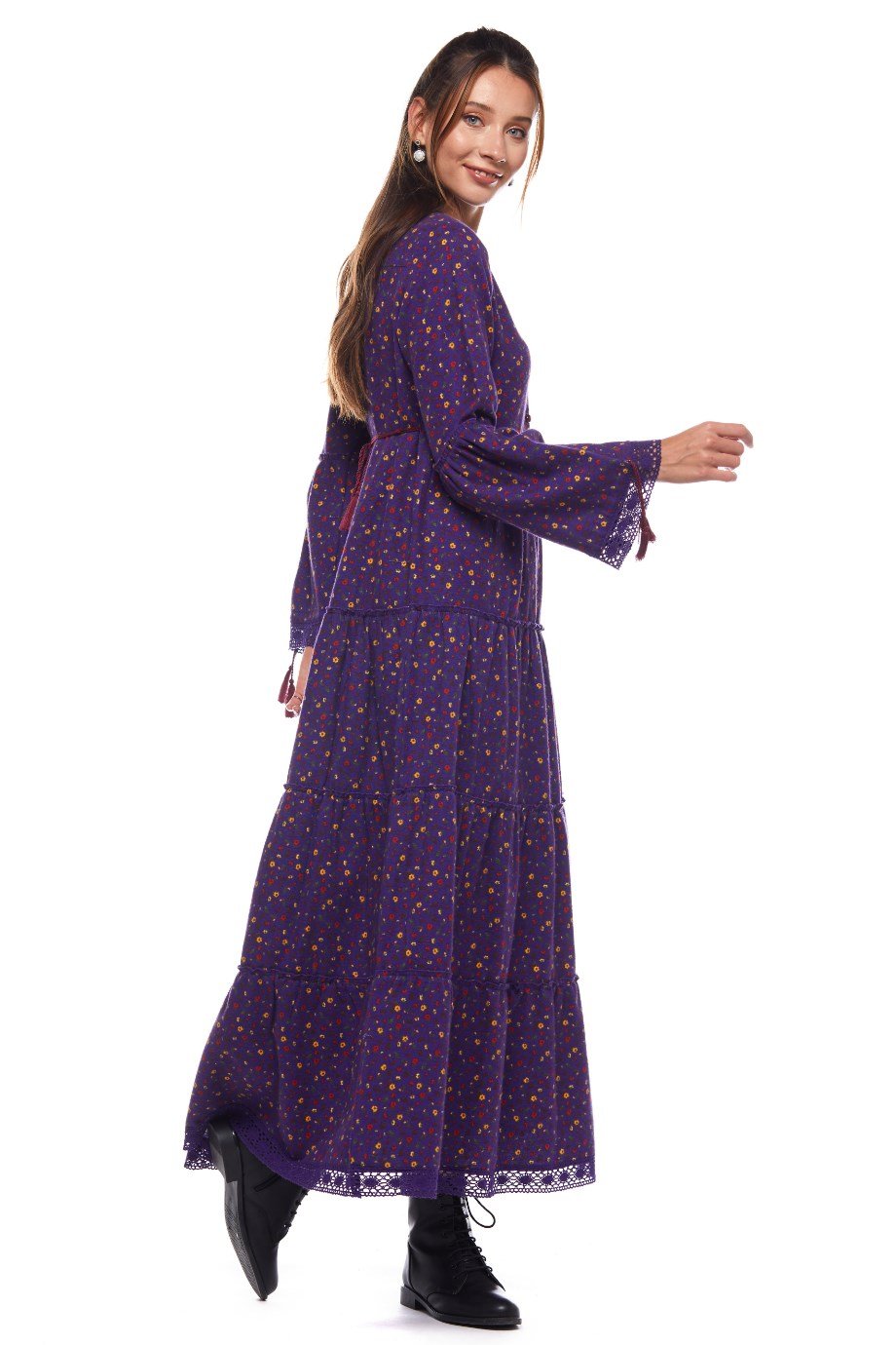 Mor Dantelli Çıtır Desen Uzun Elbise