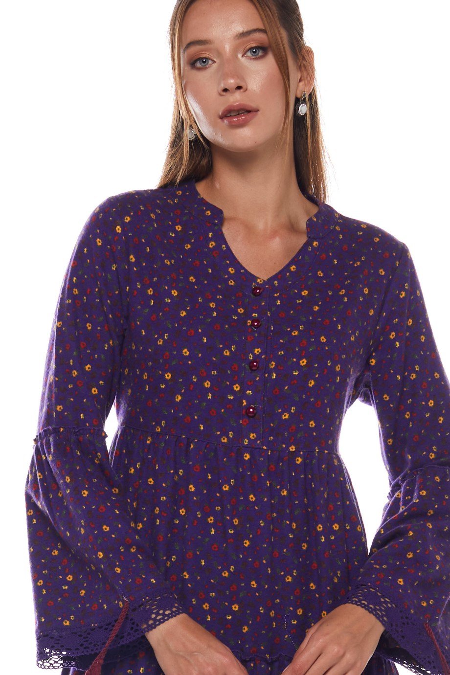 Mor Dantelli Çıtır Desen Uzun Elbise