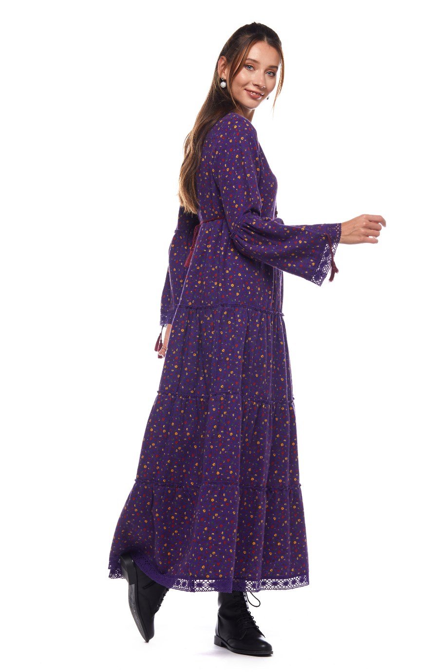 Mor Dantelli Çıtır Desen Uzun Elbise