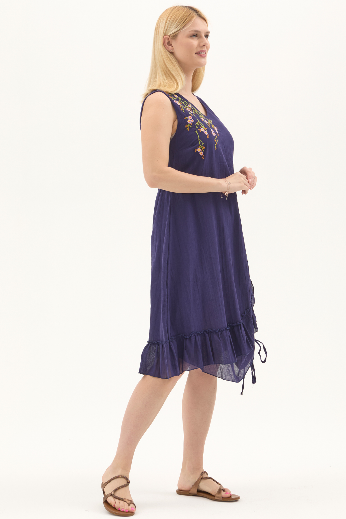 Mor Kolsuz Vual Yırtmaçlı Midi Boy Yazlık Elbise