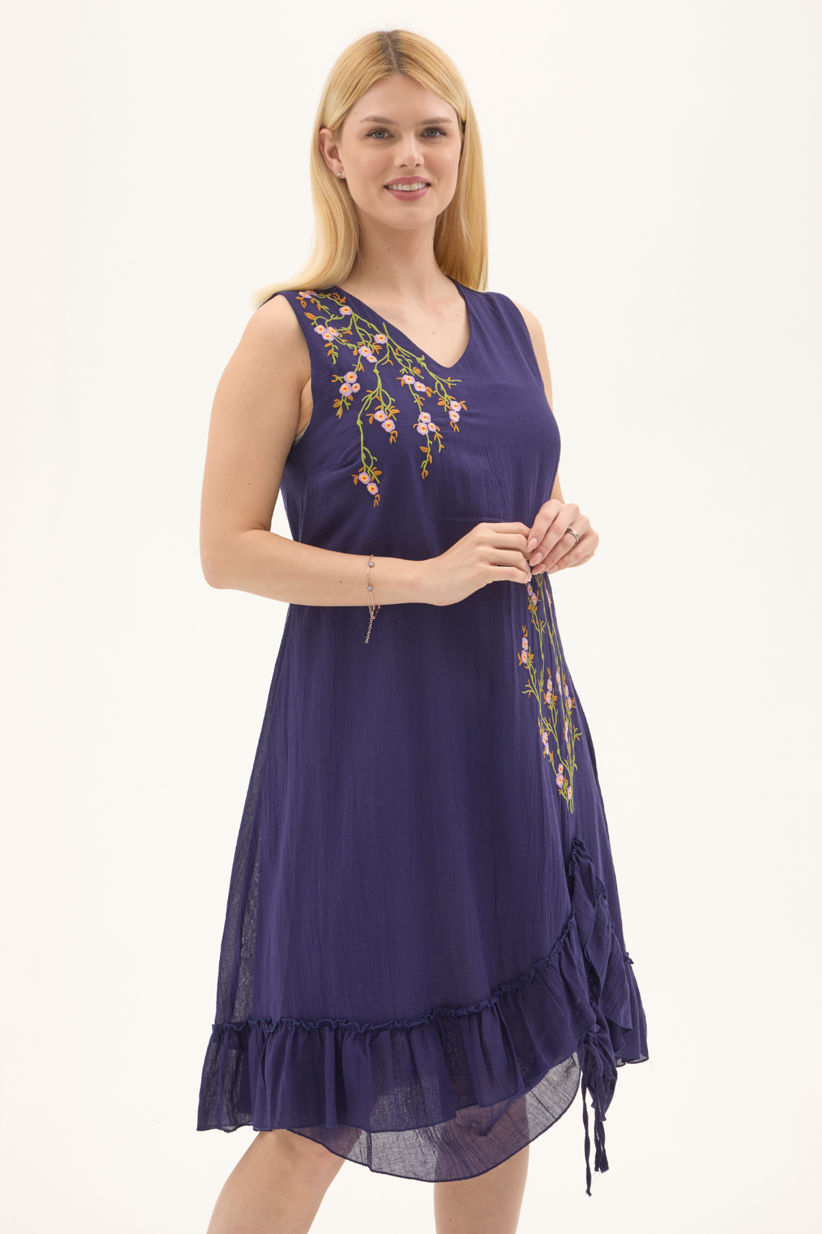 Mor Kolsuz Vual Yırtmaçlı Midi Boy Yazlık Elbise