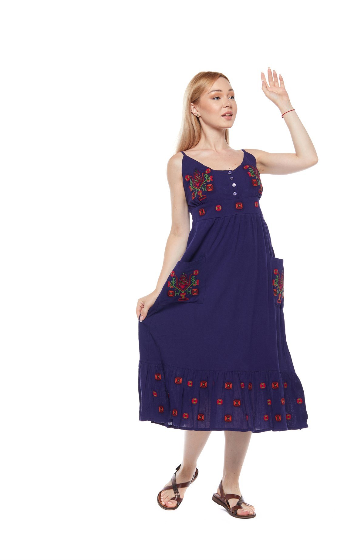 Mor Otantik Askılı Nakışlı Elbise