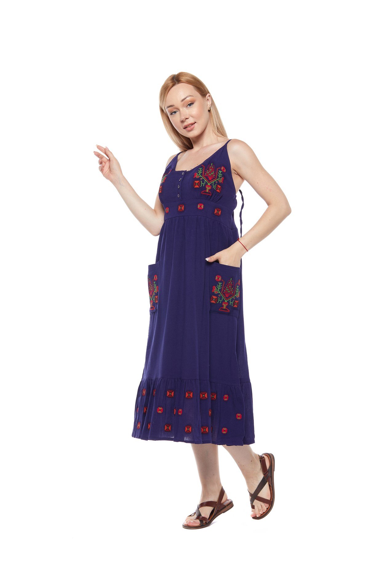 Mor Otantik Askılı Nakışlı Elbise