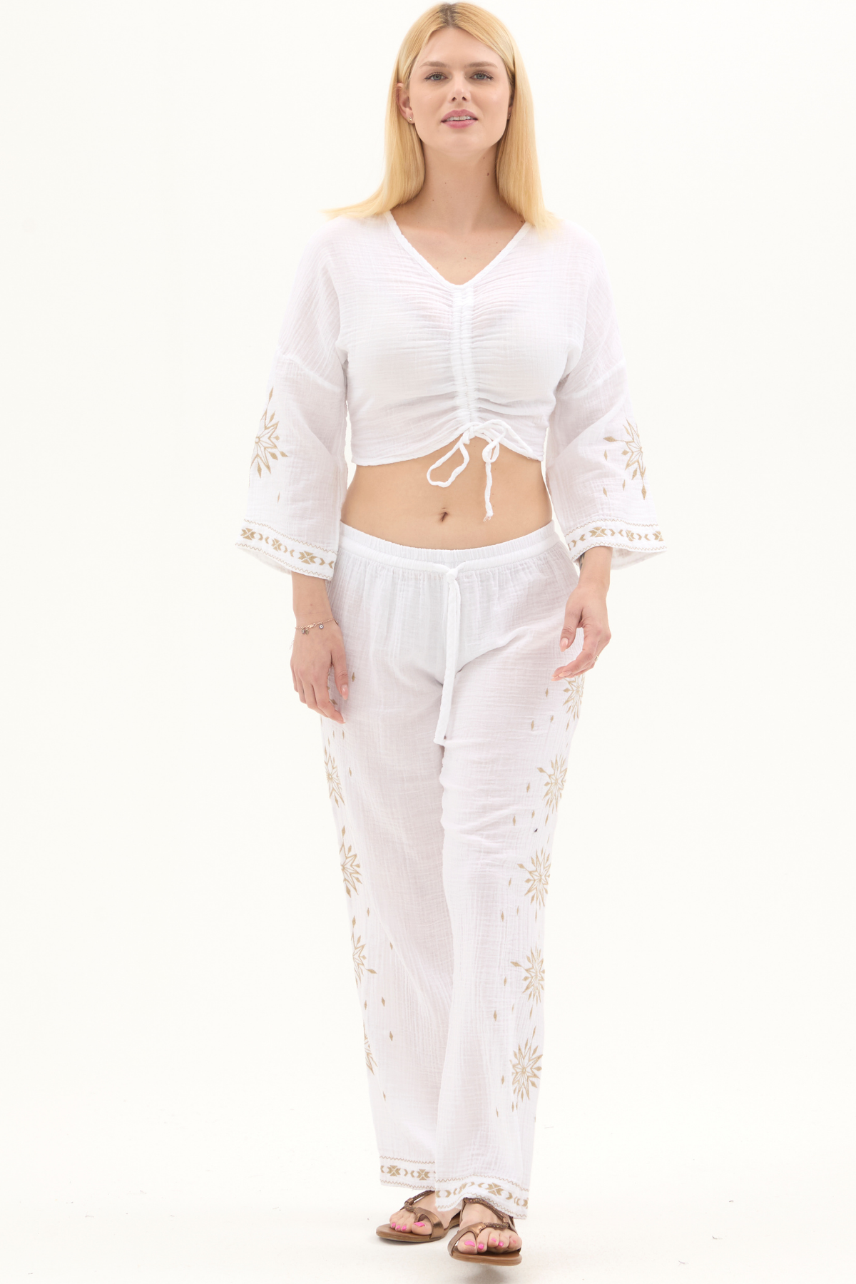 Müslin Beyaz Beli Lastikli Yazlık Kadın Pantolon
