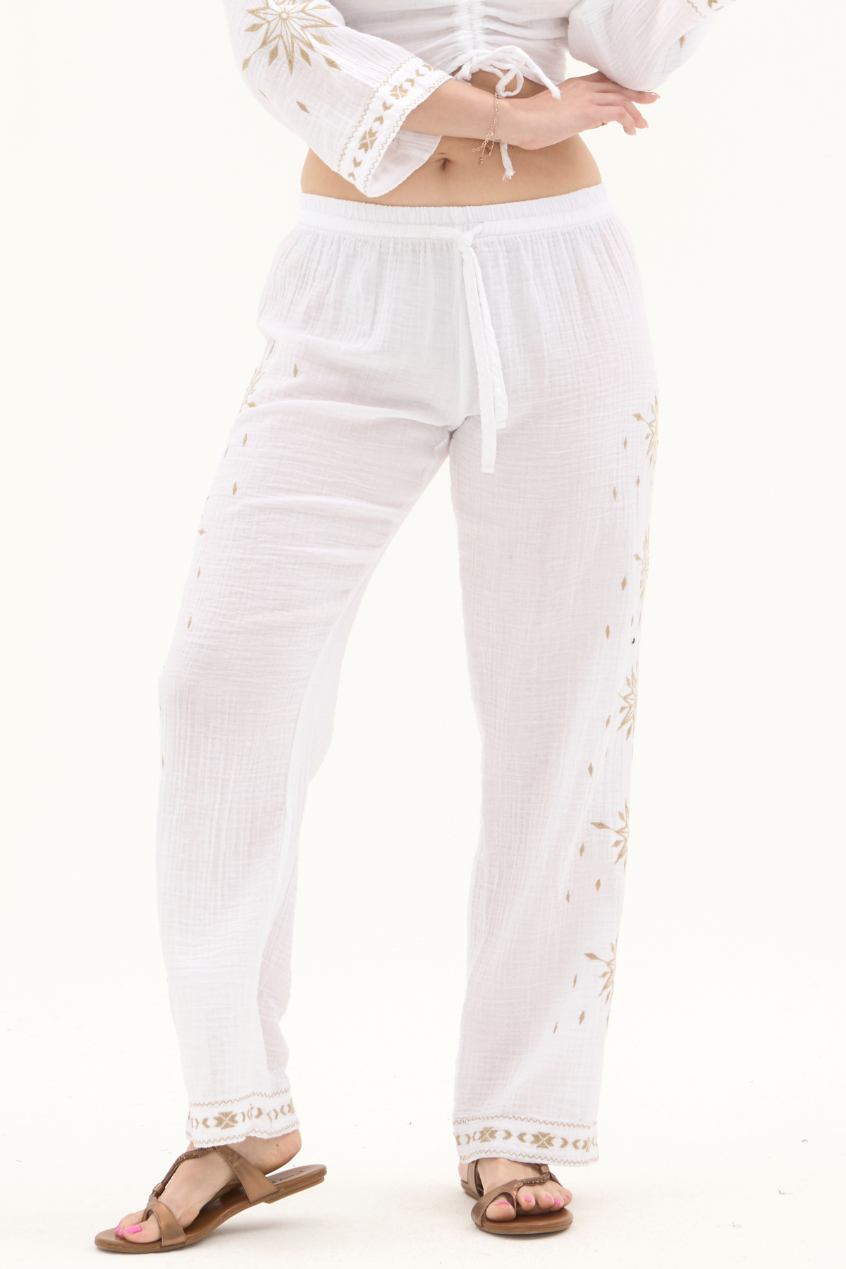 Müslin Beyaz Beli Lastikli Yazlık Kadın Pantolon