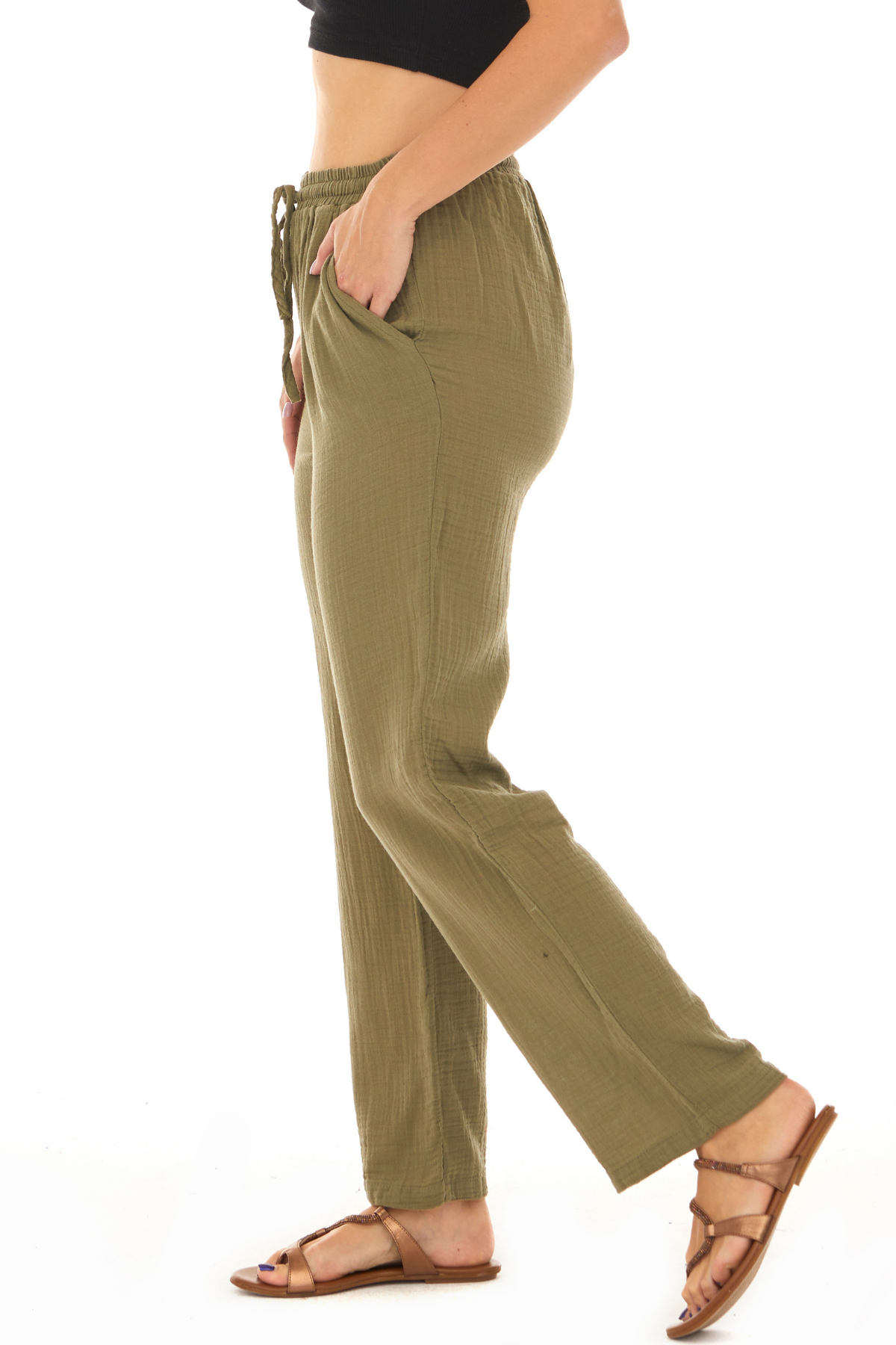 Müslin Haki Beli Bağcıklı  Cepli Kadın Yazlık Pantolon