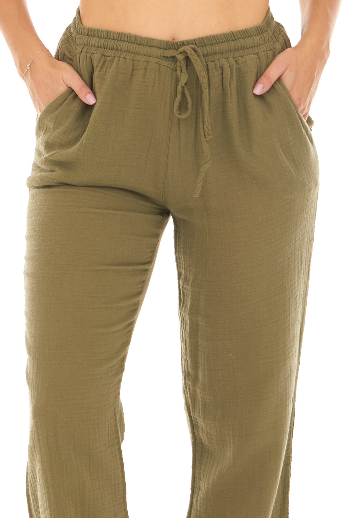 Müslin Haki Beli Bağcıklı  Cepli Kadın Yazlık Pantolon