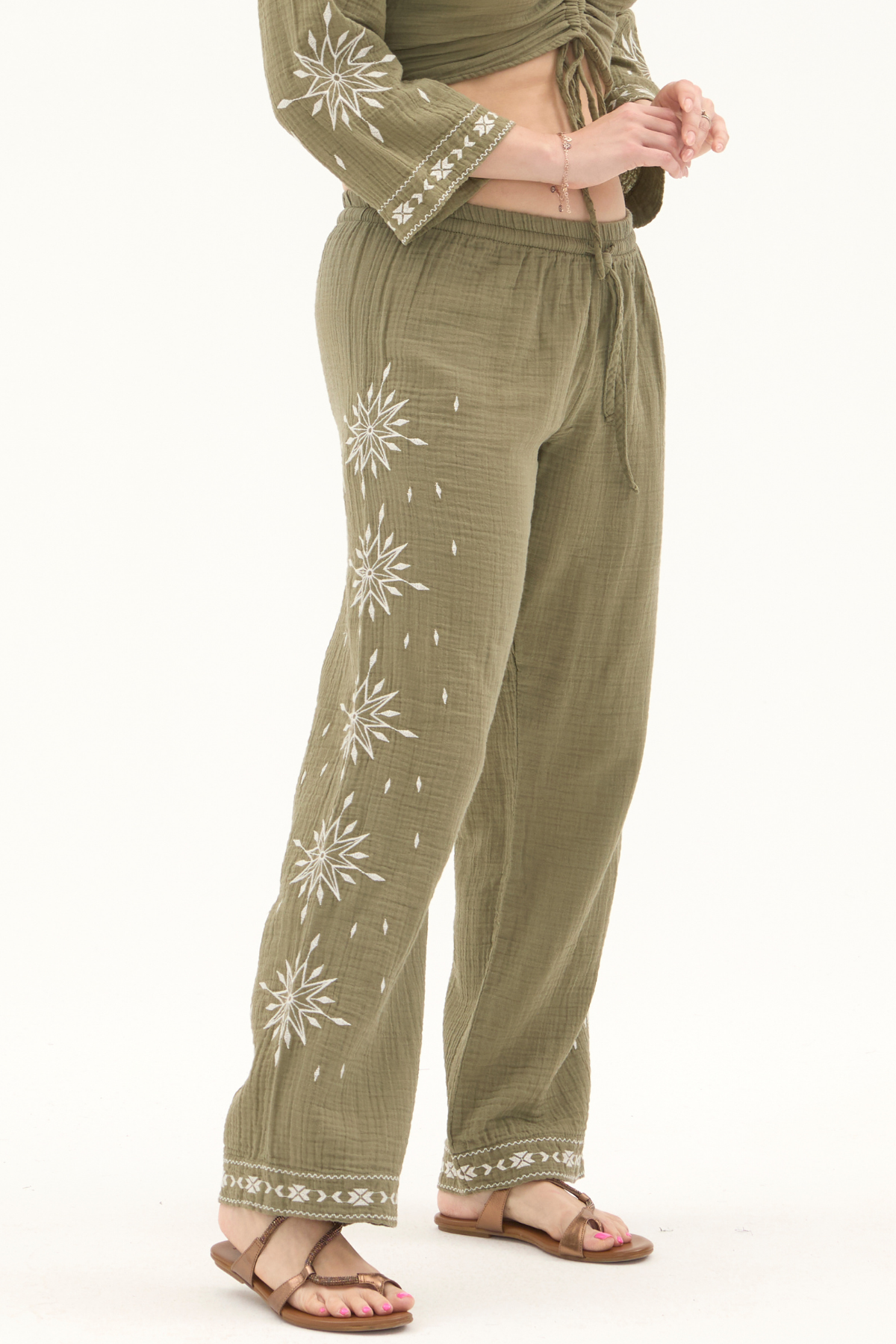 Müslin Haki Beli Lastikli Yazlık Kadın Pantolon
