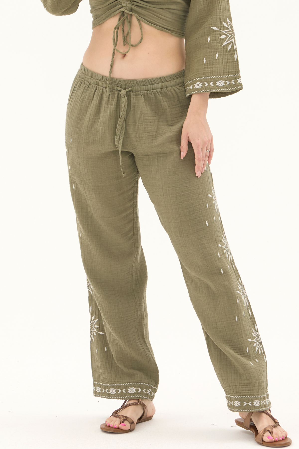 Müslin Haki Beli Lastikli Yazlık Kadın Pantolon