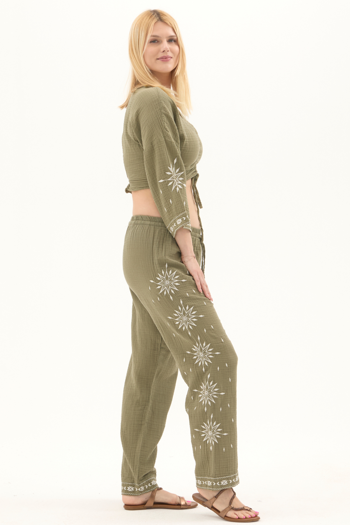Müslin Haki Beli Lastikli Yazlık Kadın Pantolon