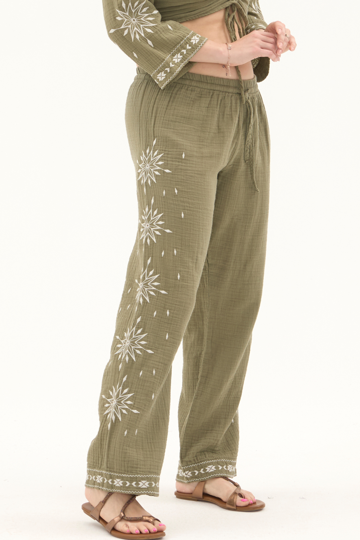 Müslin Haki Beli Lastikli Yazlık Kadın Pantolon