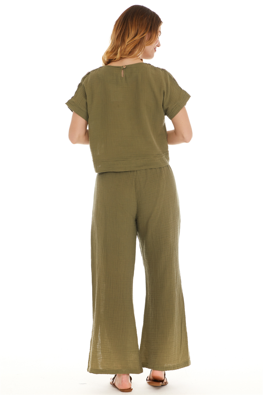 Müslin Haki Yırtmaçlı Pantolon