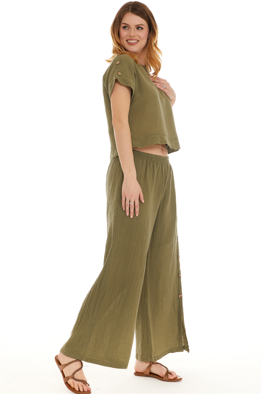 Müslin Haki Yırtmaçlı Pantolon