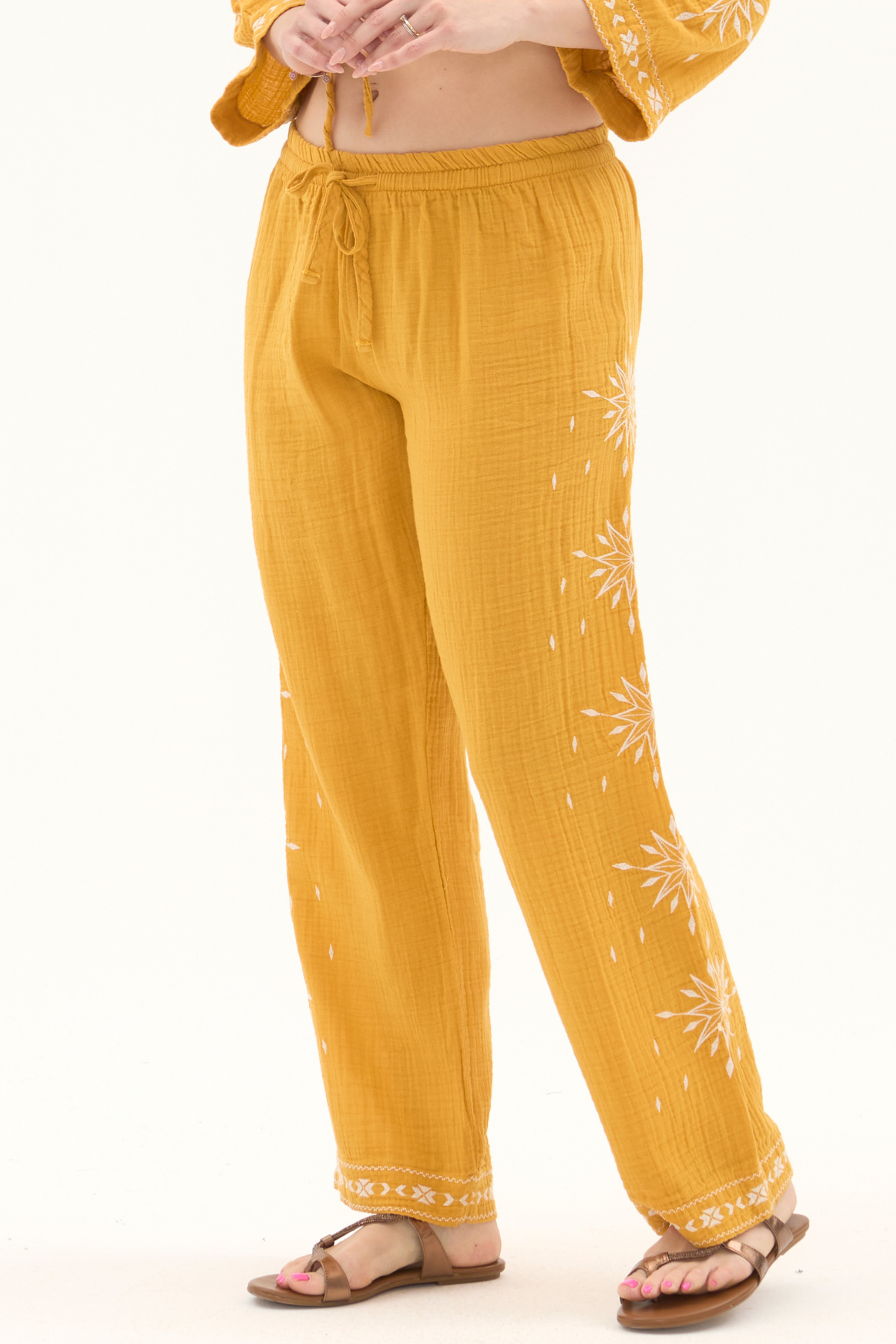 Müslin Hardal Beli Lastikli Yazlık Kadın Pantolon