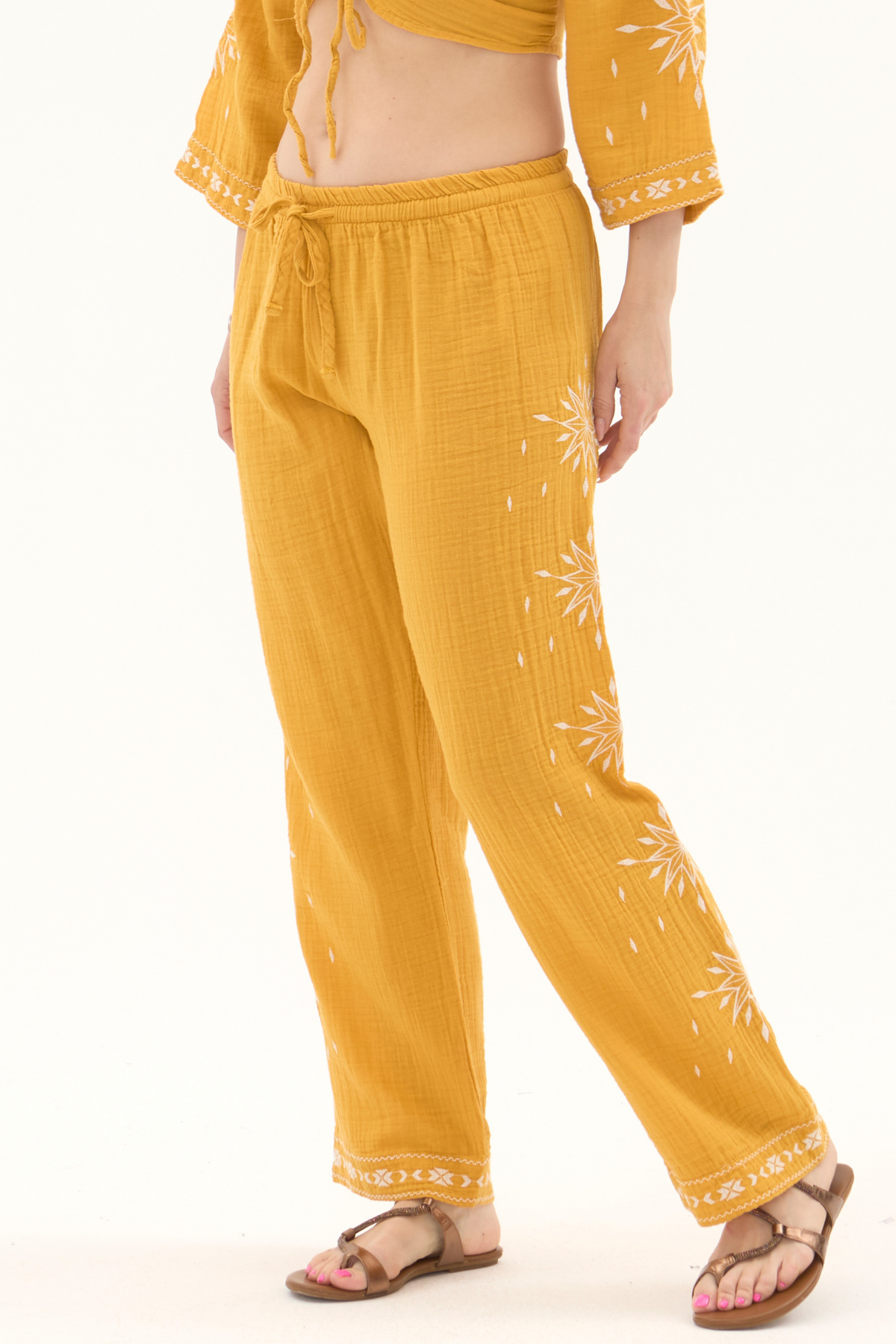 Müslin Hardal Beli Lastikli Yazlık Kadın Pantolon