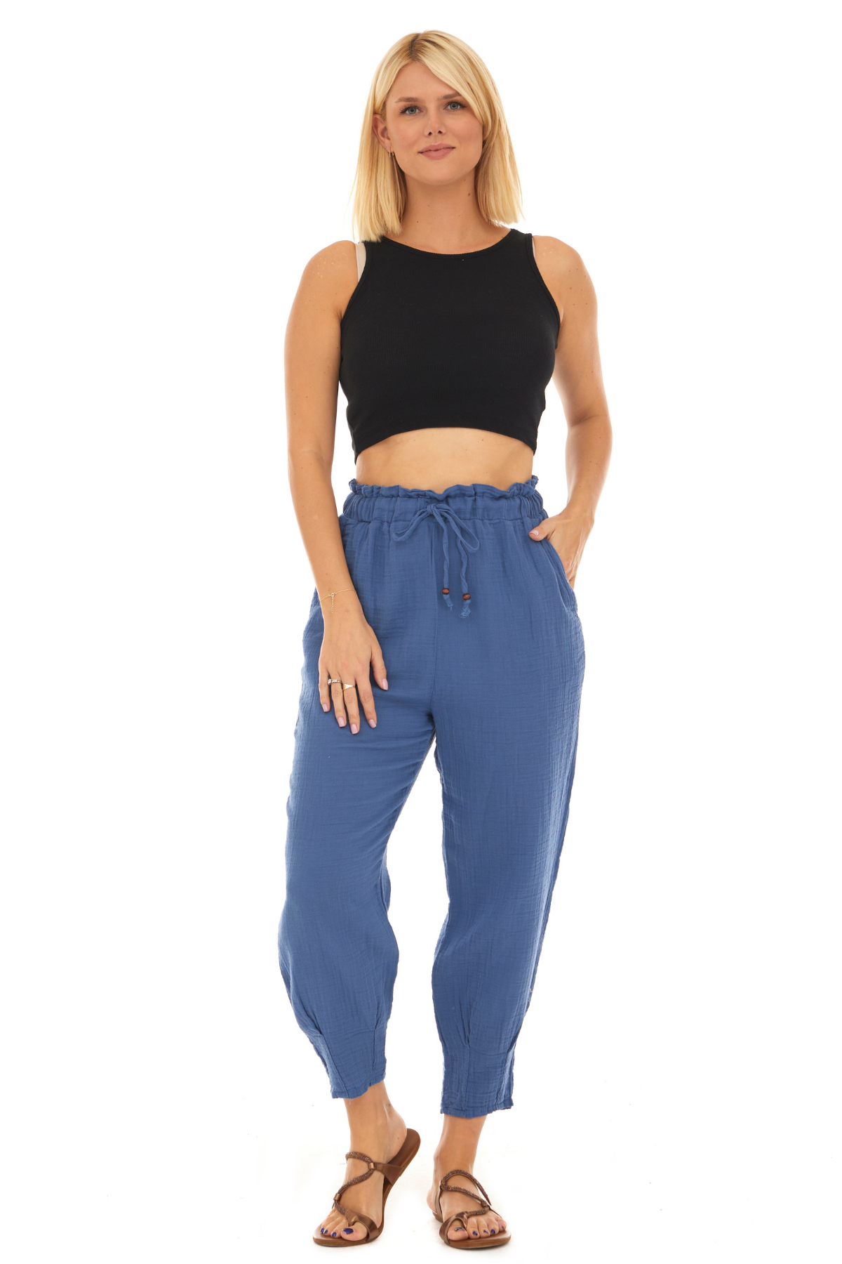 Müslin İndigo Havuç Kadın İlkbahar ve Yaz Pantolon 