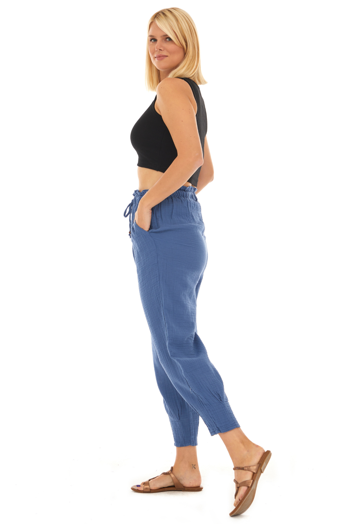 Müslin İndigo Havuç Kadın İlkbahar ve Yaz Pantolon 