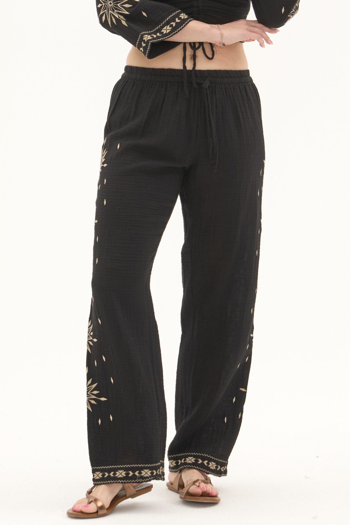 Müslin Siyah Beli Lastikli Yazlık Kadın Pantolon