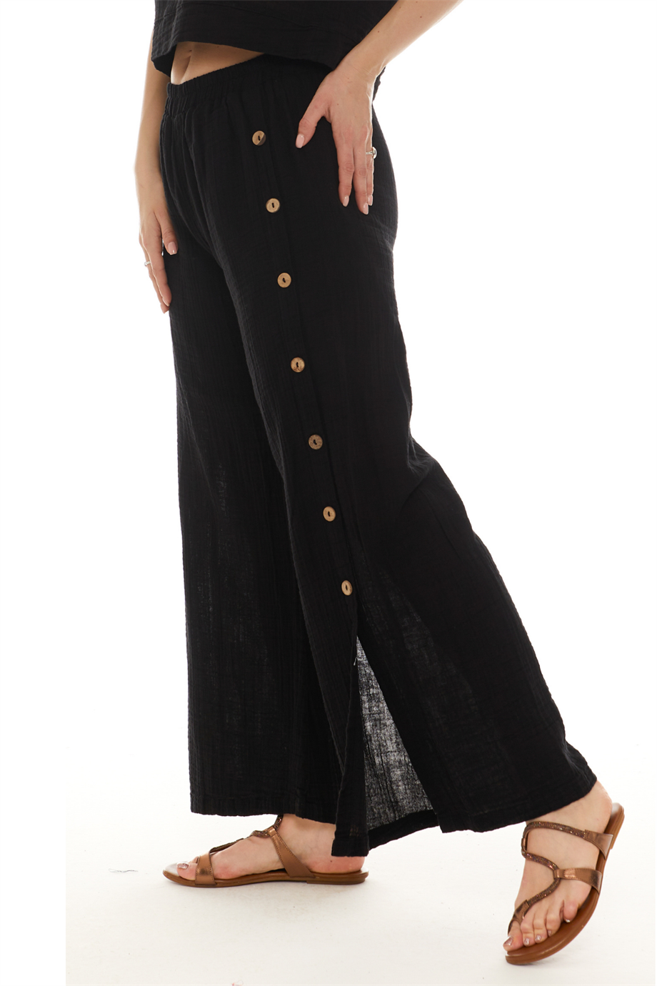Müslin Siyah Yırtmaçlı Pantolon