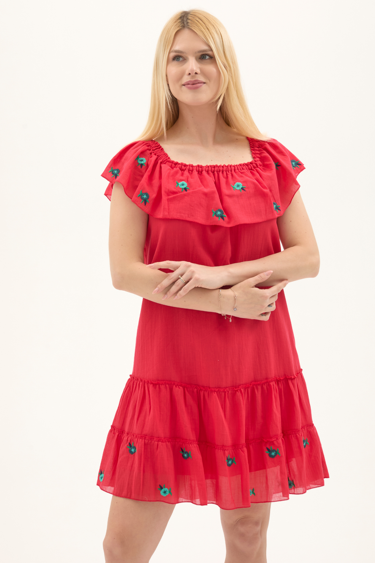 Nar Çiçeği Kısa Kol Vual Nakışlı Kısa Yazlık Elbise