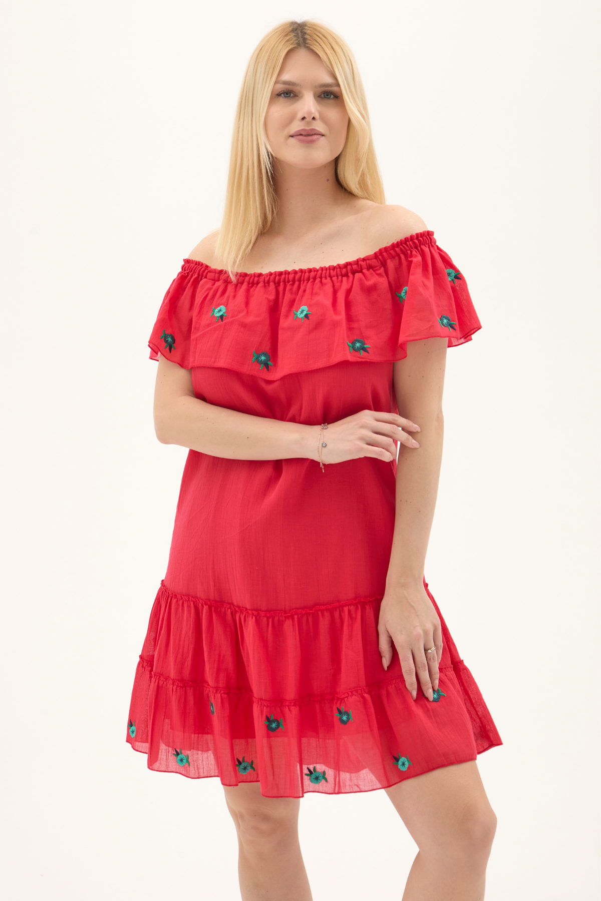 Nar Çiçeği Kısa Kol Vual Nakışlı Kısa Yazlık Elbise