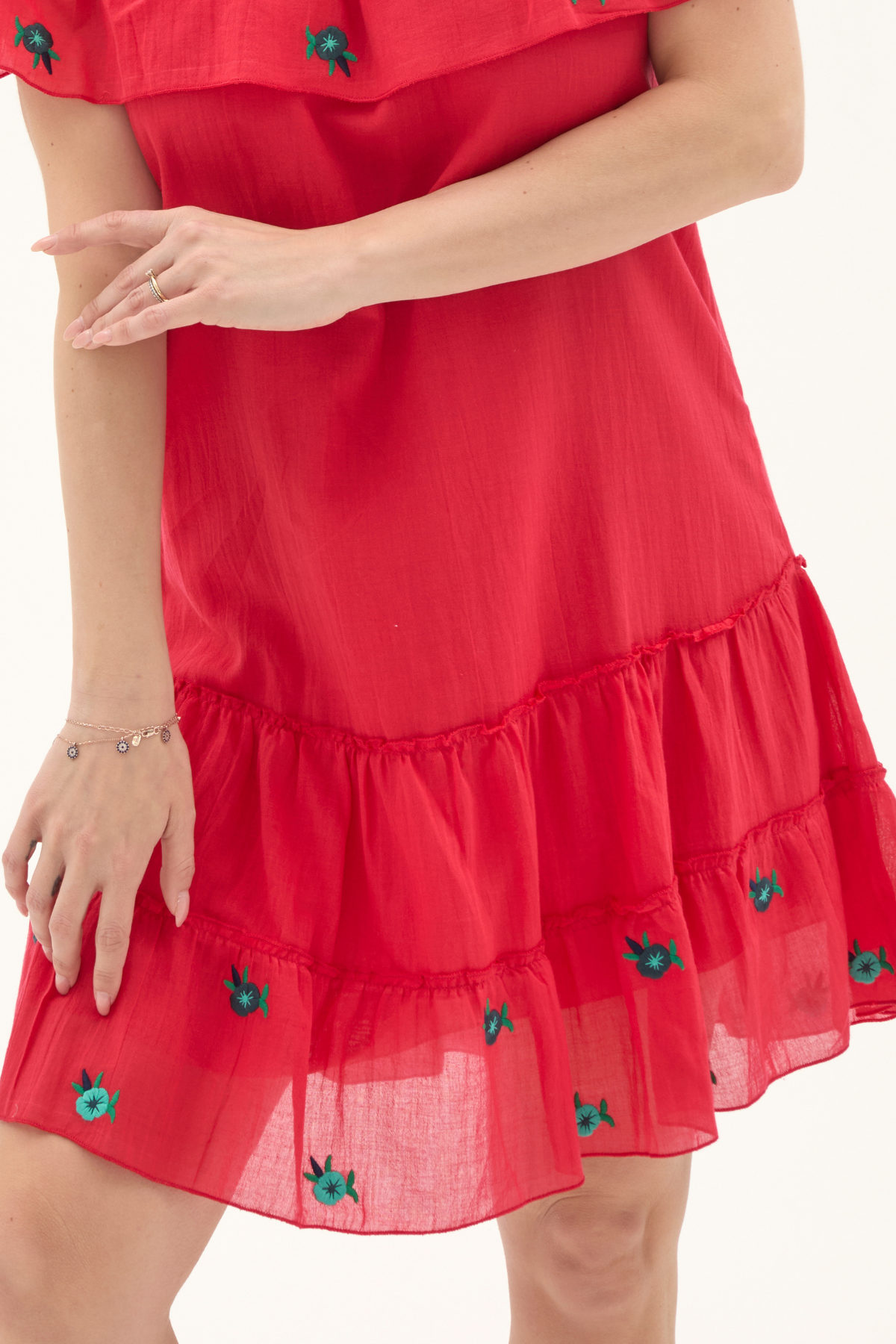 Nar Çiçeği Kısa Kol Vual Nakışlı Kısa Yazlık Elbise