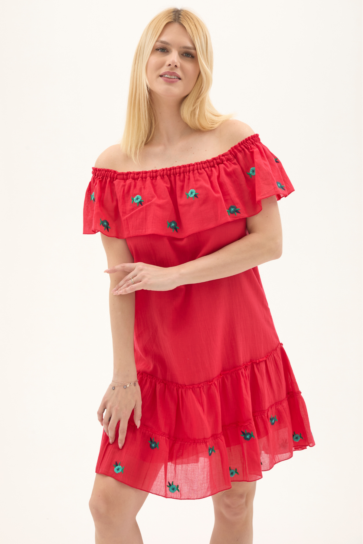 Nar Çiçeği Kısa Kol Vual Nakışlı Kısa Yazlık Elbise