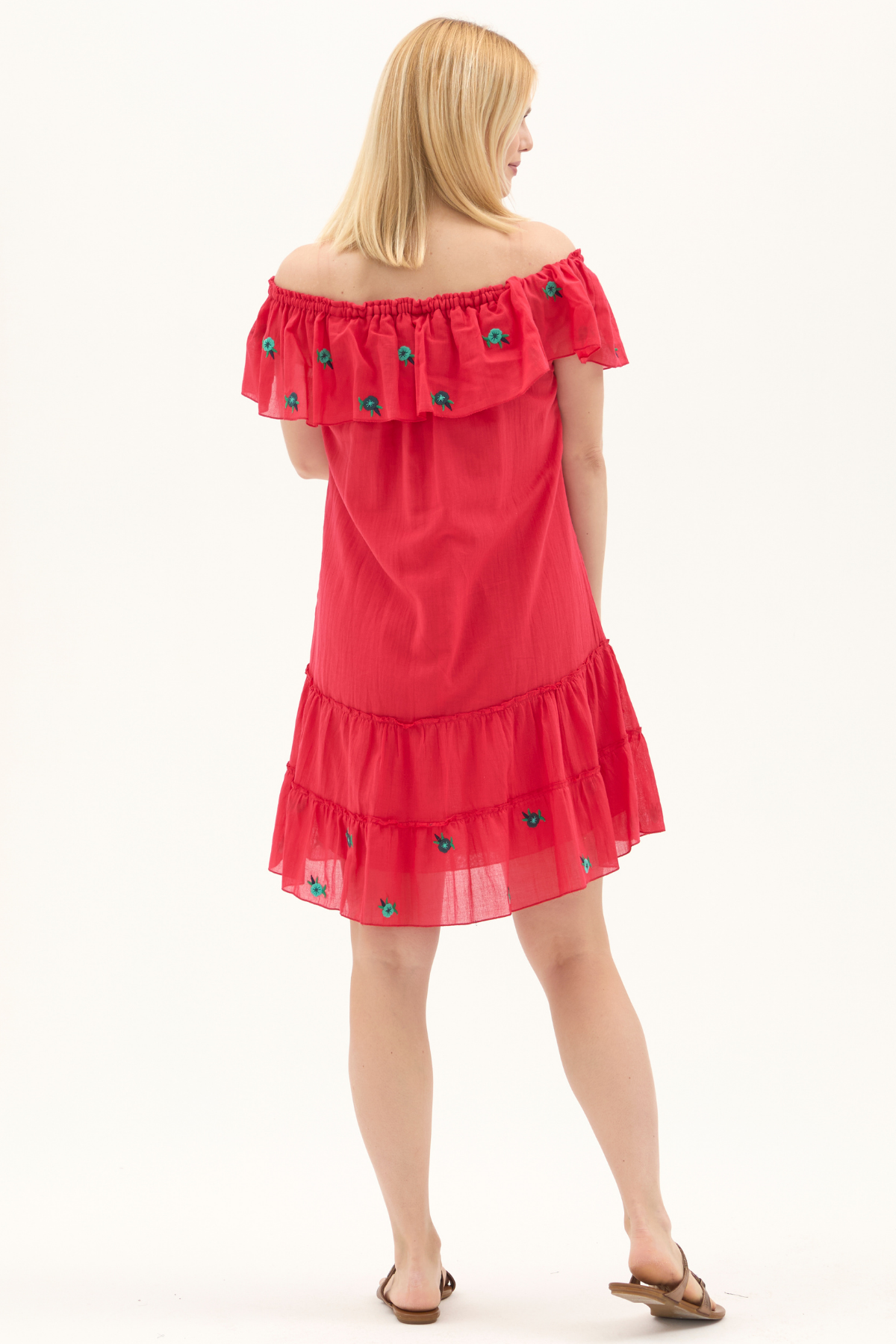 Nar Çiçeği Kısa Kol Vual Nakışlı Kısa Yazlık Elbise