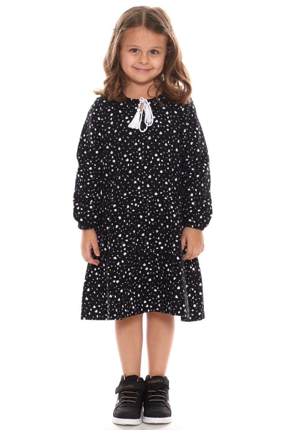 Newbutix Beyaz Uzun Kol Pazen  Püskül Yaka  Çocuk Elbise 