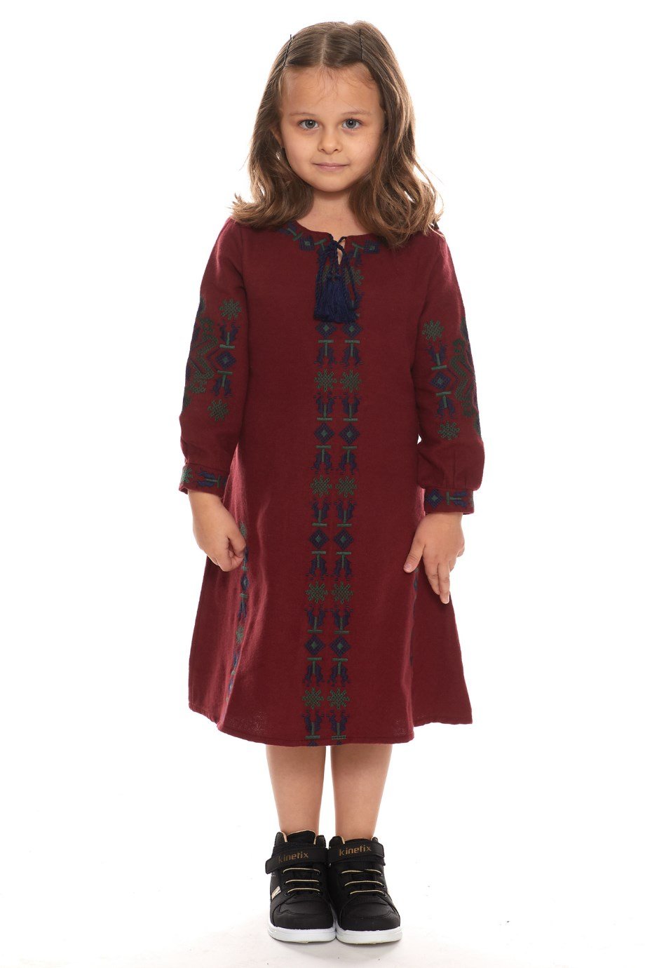 Newbutix Bordo Uzun Kol Pazen Nakışlı  Çocuk Elbise
